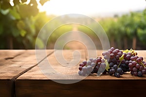 Empty wood table in a vineyard with blurred background, ai generative illustration