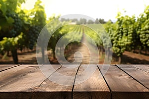 Empty wood table in a vineyard with blurred background. ai generative illustration