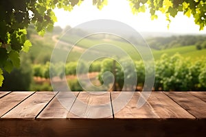 Empty wood table in a vineyard, blurred background, ai generative illustration