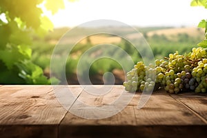 Empty wood table in a vineyard with grapes, blurred background, ai generative illustration