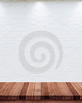 Empty wood table with white brick wall background