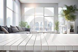 Empty wood tabletop or counter with display product. Blur image of living room background. Display product background concept for