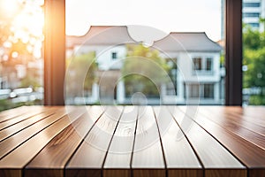 Empty wood tabletop or counter with display product. Blur image of living room background. Display product background concept for