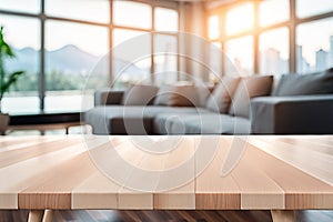 Empty wood tabletop or counter with display product. Blur image of living room background. Display product background concept for