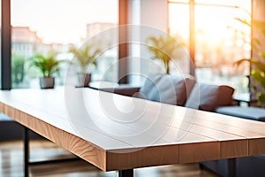 Empty wood tabletop or counter with display product. Blur image of living room background. Display product background concept for