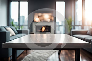 Empty wood tabletop or counter with display product. Blur image of living room background. Display product background concept for