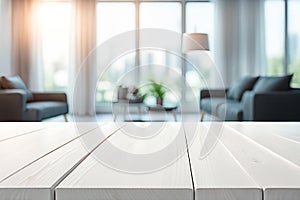 Empty wood tabletop or counter with display product. Blur image of living room background. Display product background concept for