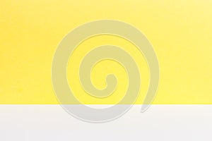 Empty of wood white table top on yellow pastel color background.For montage product display or design key visual layout