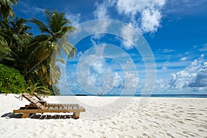 Empty wooden beach chairs on the tropical beach, vacation. Traveler dreams concept