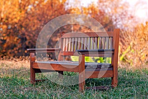 Empty wooden bench in autumn park with colorful trees background