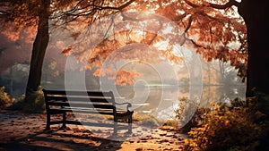 Empty wooden bench in the park covered with fallen leaves in autumn park with sunshine.