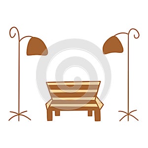 Empty wooden bench between street lamps. Vector