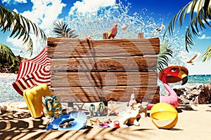 Empty wooden board on the beach with Summer accessories and palm tree. Summer travel background with copy space.