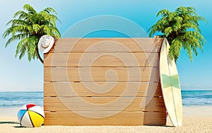 Empty wooden board on the beach, summer time, travel, destination, background