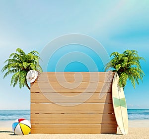 Empty wooden board on the beach, summer time, travel, destination, background