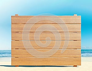 Empty wooden board on the beach, summer time, travel, destination, background