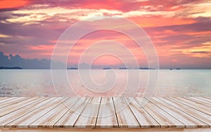 Empty wooden board with beautiful sunset for products display or visual design key layout