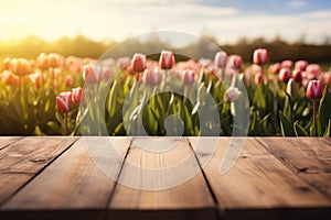 empty wooden board on blurred tulips flowers field background for product display or montage