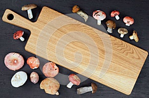 Empty wooden board with free space for text decorated with wild edible various mushrooms on the black background