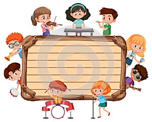 Empty wooden board with kids playing different musical instruments