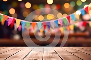 Empty wooden board for product displaying with festive decorative flags, colorful buntings and wood backdrop, festival background