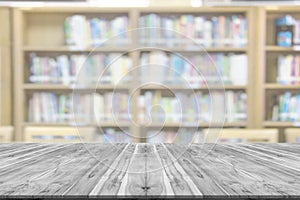 Empty wooden board space platform with library blur background