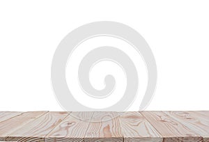 Empty wooden board table top isolated on white background with clipping path and copy space for display or montage your products