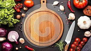 Empty wooden board, vegetables, spices, kitchen, cooking prep