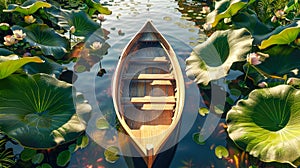 An empty wooden boat in a lake with large lotus leaves and blooming flowers on both sides