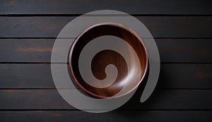 Empty Wooden Bowl on Rustic Dark Table Top View, Copy Space