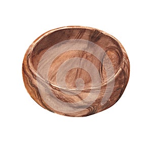 Empty wooden bowl from side view isolated on a white background. For displaying your food, products or decoration