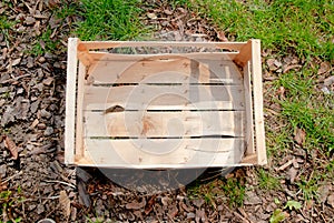 Empty wooden box on ground