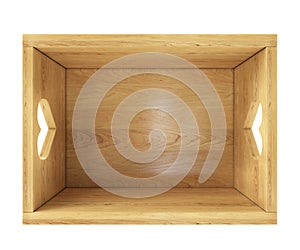 Empty wooden box isolated on white with heart holders in top view