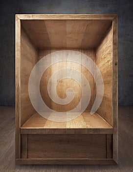 Empty wooden box or stand for product placement with bright interior