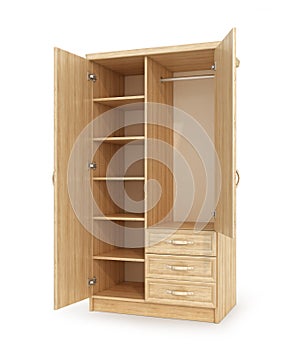 Empty wooden cabinet with open doors, shelves and drawers