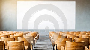 Empty Auditorium with Wooden Chairs and Blank Screen