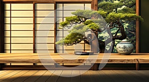 Empty wooden counter table green bonsai tree in traditional Japanese room with shoji window and wall tatami mat floor in sunlight