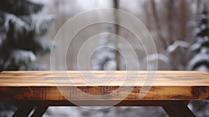 An empty wooden counter table top for product display showcase stage in snowy mountain with a forest of fir trees background.