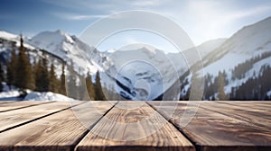 An empty wooden counter table top for product display showcase stage in snowy mountain with a forest of fir trees background.