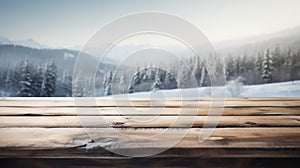 An empty wooden counter table top for product display showcase stage in snowy mountain with a forest of fir trees background.