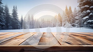 An empty wooden counter table top for product display showcase stage in snowy mountain with a forest of fir trees background.