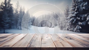 An empty wooden counter table top for product display showcase stage in snowy mountain with a forest of fir trees background.