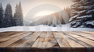 An empty wooden counter table top for product display showcase stage in snowy mountain with a forest of fir trees background.