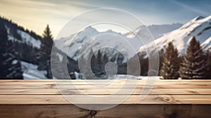 An empty wooden counter table top for product display showcase stage in snowy mountain with a forest of fir trees background.