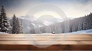 An empty wooden counter table top for product display showcase stage in snowy mountain with a forest of fir trees background.