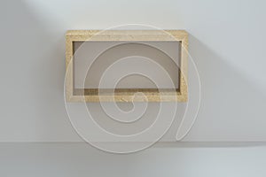 Empty wooden cube shelf in the empty room, 3d rendering