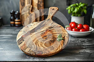 Empty wooden cutting board on clean and stylish modern kitchen countertop surface