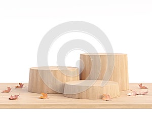 Empty wooden cylinder podium with autunm concept isolated on white background 3d render photo