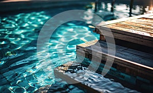 Empty wooden deck swimming pool steps with clear water surface background