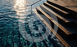 Empty wooden deck swimming pool steps with clear water surface background